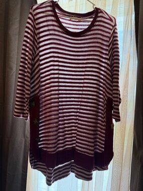 Striped Maroon and Cream Button-Side Knit Tunic